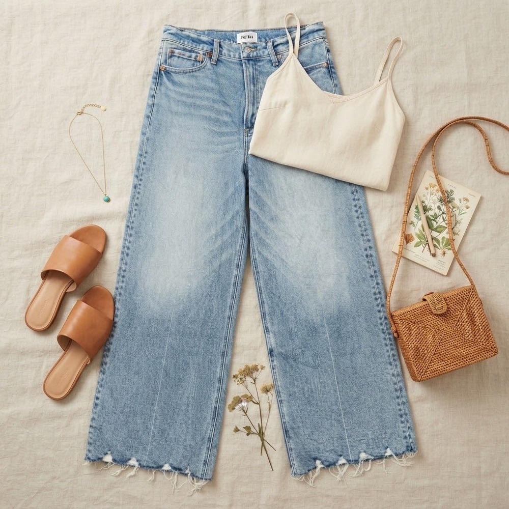 Pistola Villa High Rise Wide Leg Jeans Light Wash Scalloped Raw Hem 29